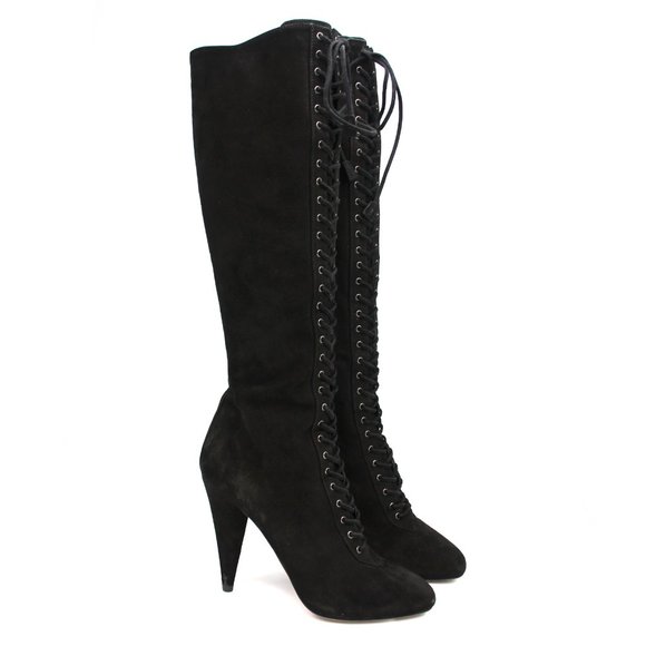 Prada Shoes - PRADA Milano Black Suede Leather Lace Up Tie Knee High Boots Cone Heel 35 Italy